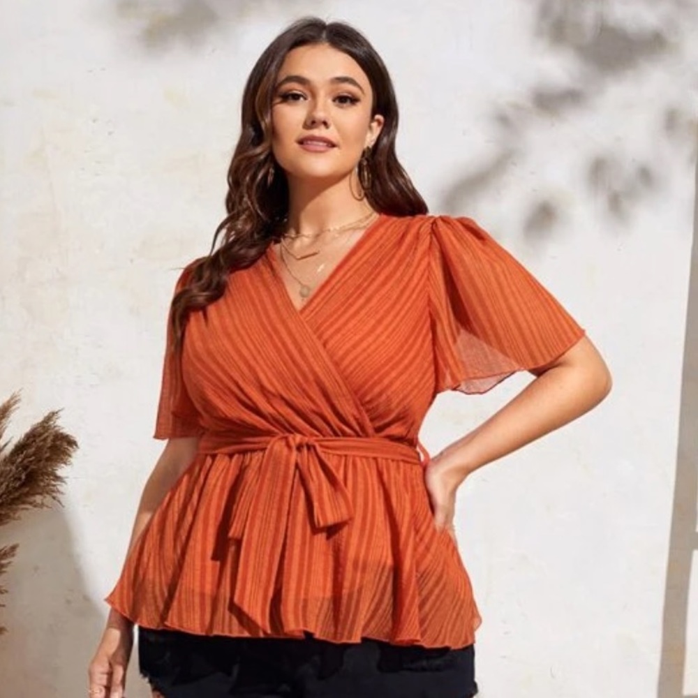 Plus Striped Surplice Neck Butterfly Sleeve Belted Blouse